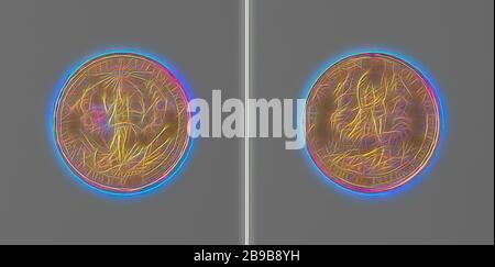 Frieden von Nijmegen, Goldene Medaille. Obverse: Frieden mit Siegeszweig, der auf Krieg steht, und militärische Ausrüstung, die von Himmellicht angezündet wird, in der der Name Jahwe in hebräischen Buchstaben innerhalb einer Aufschrift geschrieben ist. Umgekehrt: Freundschaft und Trouw umarmen sich, während sie auf Nijd in omschrift, Nijmegen, Johann Christoph Reteke, Hamburg, Nov-1679, Gold (Metall), auffallend (Metallverarbeitung), d 4 cm × w 17,34 gr stehen, neu von Gibon vorgestellt, Design von warmem, fröhlichem Leuchten von Helligkeit und Lichtstrahlen. Klassische Kunst mit moderner Note neu erfunden. Fotografie, inspiriert vom Futurismus, mit Dyn Stockfoto