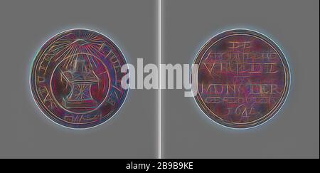 Das erste hundertjährige Jubiläum des Friedens von Munster, die Silbermedaille. Vorderseite: Flügelaltar in einer Serpentine, auf der Freiheitshut und offene bibel liegen, basierend auf einem Pfeilbündel, vor allem das sehen des Auges innerhalb des Umgangs. Umgekehrt: Aufschrift, Münster, Gerrit Marshoorn, Haarlem, 1748, Silber (Metall), markant (Metallbearbeitung), d 2,8 cm × w 6,98 gr, von Gibon neu erdacht, Design von warmfröhlichem Leuchten von Helligkeit und Lichtstrahlen. Klassische Kunst mit moderner Note neu erfunden. Fotografie, inspiriert vom Futurismus, die dynamische Energie moderner Technologie, Bewegung, Geschwindigkeit und Kultur revolutionieren. Stockfoto