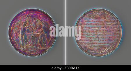 50 Jahre Ehe von Hendrik Gerritsz Hooft., ehemaliger Schiffe von Amsterdam und Susanna Adriana Hasselaer, Silbermedaille. Vorderseite: zwei Genien durch himmlische Licht beleuchtet, die Linke hält Schwert und Waage, während die Rechte hält zwei Olivenzweige und zwei Wappen, unterhalb der Konsole mit gekrönten Wappen, hängen mit Blätter und Wimpel mit Beschriftung im inneren Inschrift. Rückwärtsgang: Inschrift unter einem hellen allsehende Auge in der Mitte der Wolke und über ein Wimpel mit Beschriftung, L in einer Schlange Kreis und zwei gekreuzten Ölzweigen, Amsterdam, Hendrik Gerritsz. Hooft, Susanna Adriana Hasselae Stockfoto