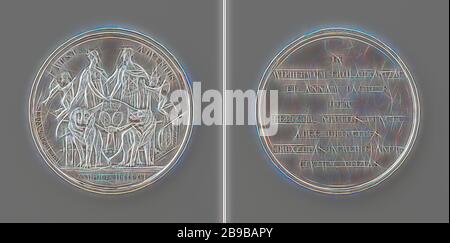 Ankunft von Willem Frederik George Louis, Erbin der Niederlande und Anna Paulowna, Großfürstin von Russland in die Niederlande, nach ihrer Heirat in St. Petersburg, silberne Medaille. Vorderseite: Willem Frederik, stehend in der Römischen Uniform mit Lorbeerkranz und Anna Pauwlona auf einem Wagen, der von zwei Löwen Hände schütteln, zwei Wappen unter einer Krone auf den Trog, auf der linken Seite Genius das Blasen auf der Trompete, auf der rechten Seite Genius mit Herzen, einschließlich ein Banner in einem Umfang, cut-off: Datum gezeichnet. Rückwärtsgang: Inschrift, Niederlande, St. Petersburg, Willem II (König der Niederlande), Anna Paulowna Romano Stockfoto