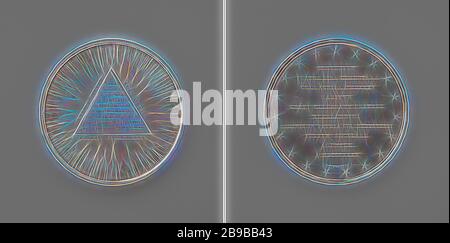 Dreihundert Jahre Jubiläum der sogenannten Kölner Charta und Gedenken an die Gründung der "Loge de la Paix" in den Haag, die vor hundert Jahren von der Freimaurerloge "La Bien Aimee" gefeiert wurde. Vorderseite: Beschriftung innerhalb eines gleichseitigen Dreiecks innerhalb einer Beschriftung und eines Halos. Umgekehrt: Beschriftung innerhalb von Sternchen., den Haag, Amsterdam, Johannes Petrus Schouberg, Utrechter, 1835, Silber (Metall), markant (Metallverarbeitung), d 5,2 cm × w 43,99 gr, von Gibon neu erdacht, Gestaltung von warmfröhlichem Leuchten von Helligkeit und Lichtstrahlen. Klassische Kunst mit moderner Note neu erfunden Stockfoto