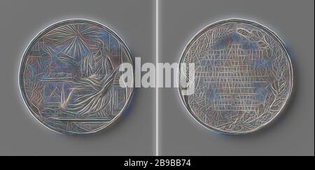 Hundert Jahre in der Existenz des La Vertu Lodge in Leiden und 50 Jahre Mitgliedschaft in der aktuelle Präsident der Lodge, J.C. Bucaille, Lead-Medaille. Vorne: leuchtet durch allsehende Auge in leuchtenden Dreieck, Frau in der Antike Kleid mit Lorbeerkranz hält La Vertu, ein Palm Zweig in der linken Hand und deutet mit der rechten Hand zu einem schwimmenden Tempel mit sieben Schritte, hinter der sich eine strahlende Sonne, hinter ihr eine Spalte mit der Aufschrift Buchstabe J, vor ihr einen Altar, auf dem Buch öffnen und deren Basis trägt gleichseitiges Dreieck, auf der linken Seite ein Altar einer Akazie Bush und an seiner Basis Stockfoto