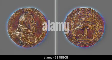 Grabeinfang zu Ehren von Prinz Maurice, Bronze Medal. Vorderseite: Bruststück des Menschen (Maurits) in einem Ring. Umgekehrt: Reifer Baum aus abgetrenntem Stamm innerhalb eines Kreises., Grave, Maurits (Prinz von Orange), Coenraad Bloc, Vlaanderen, 1602, Bronze (Metall), Gründung, d 4,1 cm × w 166 gr, von Gibon neu vorgestellt, Design von warmem, fröhlichem Leuchten von Helligkeit und Lichtstrahlen. Klassische Kunst mit moderner Note neu erfunden. Fotografie, inspiriert vom Futurismus, die dynamische Energie moderner Technologie, Bewegung, Geschwindigkeit und Kultur revolutionieren. Stockfoto