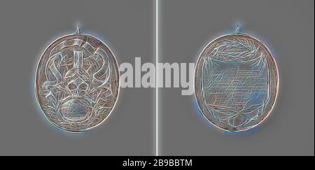 Tod von Magdalena van Leeuwen, Hausfrau von Carel van der Heijden, ovale Silbermedaille. Vorderseite: Über einem Kränzchenschädel eine geflügelte Sanduhr und zwei Scythes mit verschiedenen Aufschriften. Umgekehrt: Aufschrift auf einer hängenden Leinwand unter einem Lorbeerkranz, Magdalena van Leeuwen, Carel van der Heijden, Pieter van Abeele, Amsterdam, 1656, Silber (Metall), Gravur, l 6,9 cm × l 6,3 cm × w 5,5 cm × w 41,96 gr, von Gibon neu vorstellbar, Design mit warmem, fröhlichem Glanz von Helligkeit und Lichtstrahlen. Klassische Kunst mit moderner Note neu erfunden. Fotografie, inspiriert vom Futurismus, mit dynamischer Energie von mo Stockfoto