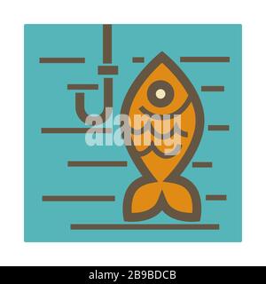 Angelobby isoliert Ikone, goldener Fisch und Haken im Wasser Stock Vektor