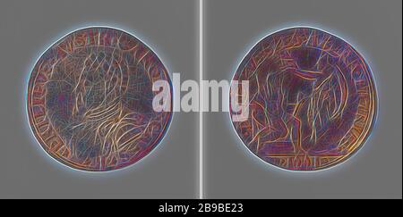 Philip, Erbe Spaniens, Nachfolger von Karl V. als lord of the Netherlands, Kupfer-Medaille. Vorderseite: Die Büste des Menschen im Inneren. Umgekehrt: Stehende Frau, die den Sieg präsentiert, den Palmzweig in der linken Hand hält und einen Lorbeerkranz über Philibers Kopf hält, in römischer Uniform gekleidet, auf einem Stuhl sitzend mit Befehlsstab in der Hand innerhalb einer Aufschrift, abgeschnitten: Jahr, Niederlande, Philipp II. (König von Spanien), anonym, 1551, Kupfer (Metall), markant (Metallverarbeitung), d 3 cm × w 4,27 gr, von Gibon neu vorgestellt, Design von warmfröhlichem Leuchten von Helligkeit und Lichtstrahlen. Klassische Kunst neu erfunden mit Stockfoto