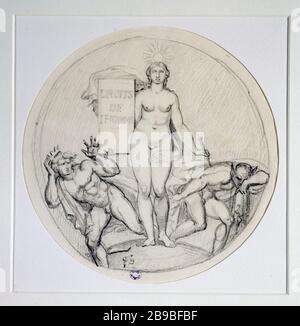 DER GRUND, DER DIE MENSCHENRECHTE DER WELT MIT SICH BRINGT UND FLUG-TYRANNEI UND OBSKURANTISMUS MIT SICH BRINGT. PROJEKTMEDAILLE Augustin Dupré (1748-1834). Projet de médaille. La raison apportant au monde les droits de l'homme et mettant en fuite la Tyrannie et l'obscurantisme. Dokument de Cabinet d'arts graphiques. Pierre noire et Mine de plomb, 173. Paris, musée Carnavalet. Stockfoto