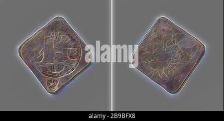Münze von einem halben Gulden aus Belag van Haarlem, einseitige, rautenförmige Notmünze mit abgeschrägten Ecken. Vorderseite: Zwei Stempel übereinander, von unten nach oben: Stadtwappchen: Umgedrehtes Schwert mit zwei Sternen auf beiden Seiten, ein Kreuz in Kartusche auf dem Schwertpunkt zwischen Jahren innerhalb eines Perlenkrandes, Maker-Marke: Stern und Halbmond. Umgekehrt: Leer, Haarlem, anonym, 14-Jun-1573, Silber (Metall), auffallend (Metallverarbeitung), h 2,9 cm × w 2,7 cm × w 4,72 gr, von Gibon neu vorgestellt, Design von warmem, fröhlichem Leuchten von Helligkeit und Lichtstrahlen. Klassische Kunst mit einem modernen twis neu erfunden Stockfoto