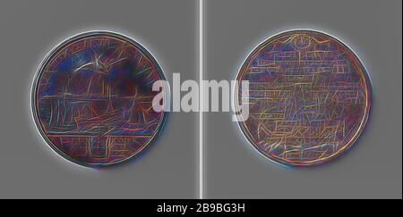 Stadt Embden, Werkzeug-Token zu Ehren des zweiten hundertjährigen Bestehens des College of Forty, Silver Medal. Vorderseite: Blick auf die Stadt auf dem Wasser, auf dem fünf Schiffe segeln, oben: Bekrönter Adler mit Zepter und apfel, von Sonnenlicht im Kreis beleuchtet, abgeschnitten: Aufschrift unterbrochen von bekröntem Wappen auf zwei gekreuzten Palmzweigen. Umgekehrt: Umschrift unter Kranz mit zwei Buchstaben C, über zwei zusammengefügte Hände, die auf Zepter ruhende Krone halten, über denen Blattgarland hängt, Emden, anonym, 1789, Silber (Metall), auffällig (Metallbearbeitung), d 5,2 cm × w 43,59 gr, Re Stockfoto