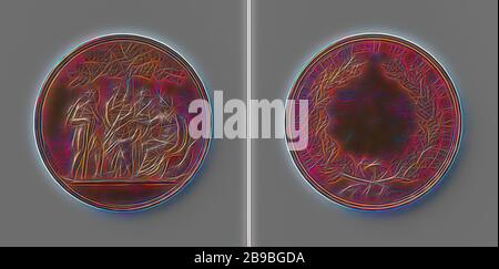 Gesellschaft zum Wohle des General, Bronze-Medaille. Vorderseite: Die als junge Frau dargestellte Gesellschaft sitzt unter einem fruchttragenden Orangenbaum und hält Lorbeerkranz in der linken Hand, während sie inmitten ihrer versammelten Personengruppe Blumen wirft, Rücksitz: Gefülltes Horn von viel. Umgekehrt: Leeres Feld innerhalb von Eichenkranz und Umfang, Maatschappij tot Nut van 't Algemeen, David van der Kellen (1804-1879), Utrechter, 184, Bronze (Metall), markant (Metallverarbeitung), d 4,5 cm × w 35,40 gr, von Gibon neu erdacht, Entwurf von warmfröhlichen Lichtstrahlen und Lichtstrahlen. Klassische Kunst neu erfinden Stockfoto