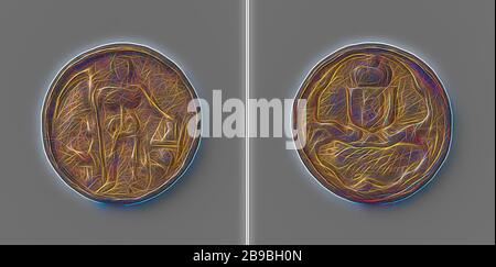 Zunft der Chirurgen in Amsterdam, Zunftmarke des Studenten Albertus Hagelman, Medaille für Blechbläser. Obvers: Tot, als Skelett dargestellt, in einem Blumenfeld mit einer Schythe in der rechten Hand und mit der linken Hand auf einer Sanduhr, die auf einem Sockel steht. Umgekehrt: Bekröntes Wappen über Kartusche mit Aufschrift, Amsterdam, Albertus Hagelman, anonym, 1690, Messing (Legierung), Gravur, d 3,4 cm × w 16,78 gr, von Gibon neu vorstellbar, Entwurf eines warmfröhlichen Lichts von Helligkeit und Lichtstrahlen. Klassische Kunst mit moderner Note neu erfunden. Fotografie, inspiriert vom Futurismus, mit dynamischer Energie von Stockfoto