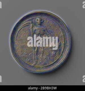 Chirurgen' Guild in Amsterdam, Medaille für den hortus Arzt für Theodorus van Rhijn, Brass Medaille. Obvers: Tot, als Skelett dargestellt, in einem Blumenfeld mit einer Schythe in der rechten Hand und mit der linken Hand auf einer Sanduhr, die auf einem Sockel steht. Umgekehrt: Vase mit Blumen zwischen Jahren, auf Vase: Wappen über Kartusche mit Aufschrift im Inneren, Amsterdam, Theodorus van Rhijn, Hortus Medicus, anonym, 1684, Messing (Legierung), Gravur, d 4,4 cm × w 28,60 gr, von Gibon neu vorgestellt, Design von warmem, fröhlichem Glanz von Helligkeit und Lichtstrahlen. Klassische Kunst hat Witz neu erfunden Stockfoto