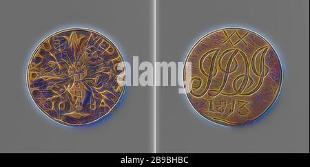 Collegium Medikum in Amsterdam, Zugangsmarke für den hortus medicus für Apothekerlehrling J.D.J, Messing Token. Vorderseite: Vase mit Blumen zwischen Jahren, auf Vase: Wappen innerhalb einer Beschriftung. Umgekehrt: Aufschrift unter zwei Kreuzen über dem Jahr, Amsterdam, Collegium Medikum, Hortus Medicus, anonym, 1813, Messing (Legierung), Gravur, d 2,9 cm × w 8,58 gr, von Gibon neu erdacht, Entwurf eines warmfröhlichen Lichts von Helligkeit und Lichtstrahlen. Klassische Kunst mit moderner Note neu erfunden. Fotografie inspiriert von Futurismus, die dynamische Energie moderner Technologie, Bewegung und Geschwindigkeit umfasst Stockfoto