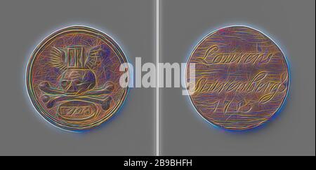 Cooper's Guild of Amsterdam, Beerdigungsmedaille von Lourens Sturenbergs, Messingmedaille. Vorderseite: Geflügelte Sanduhr über dem Schädel, zwei gekreuzte Knochen und Jahr im Fach. Umgekehrt: Aufschrift über Jahr, Amsterdam, Lourens Sturenbergs, anonym, 1728, Messing (Legierung), Gravur, d 3,5 cm × w 13,45 gr, von Gibon neu vorgestellt, Design von warmem fröhlichem Leuchten von Helligkeit und Lichtstrahlen. Klassische Kunst mit moderner Note neu erfunden. Fotografie, inspiriert vom Futurismus, die dynamische Energie moderner Technologie, Bewegung, Geschwindigkeit und Kultur revolutionieren. Stockfoto