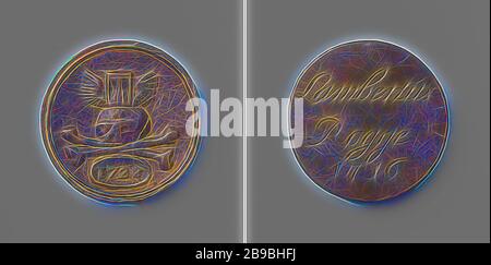 Cooper's Guild of Amsterdam, Beerdigungsmedaille von Lambertus Rogge, Messingmedaille. Vorderseite: Geflügelte Sanduhr über dem Schädel, zwei gekreuzte Knochen und Jahr im Fach. Reverse: Aufschrift über Jahr, Amsterdam, Lambertus Rogge, anonym, 1728, Messing (Legierung), Gravur, d 3,4 cm × w 11,98 gr, von Gibon neu vorgestellt, Design von warmem fröhlichem Leuchten von Helligkeit und Lichtstrahlen. Klassische Kunst mit moderner Note neu erfunden. Fotografie, inspiriert vom Futurismus, die dynamische Energie moderner Technologie, Bewegung, Geschwindigkeit und Kultur revolutionieren. Stockfoto