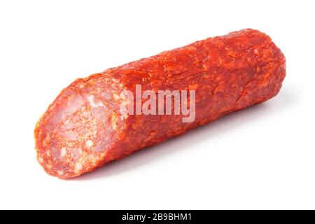 Spanische Chorizo Wurst auf weißem Hintergrund Stockfoto
