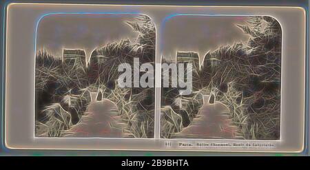 Pfad im Parc des Buttes-Chaumont in Paris. Buttes Chaumont, Route du Labyrinth (Titel auf Objekt), öffentliche Gärten, Park, Straße, Pfad, Parc des Buttes Chaumont, neue Photographic Gesellschaft (auf Objekt erwähnt), 1903, Pappe, Fotopapier, Gelatine silberfarben, h 88 mm × w 179 mm, neu von Gibon vorgestellt, Design mit warmem, fröhlichem Glanz von Helligkeit und Lichtstrahlen. Klassische Kunst mit moderner Note neu erfunden. Fotografie, inspiriert vom Futurismus, die dynamische Energie moderner Technologie, Bewegung, Geschwindigkeit und Kultur revolutionieren. Stockfoto