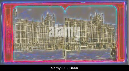 Fassade des Palace of Westminster in London, Unterhaus, Parlament, Kammer, Fassade (oder Haus oder Gebäude), Parlamentsgebäude, anonym, London, c 1850 - ca. 1880, Pappe, Fotopapier, Albumindruck, h 85 mm × w 170 mm, von Gibon neu vorgestellt, Design von warmem, fröhlichem Leuchten von Helligkeit und Lichtstrahlen. Klassische Kunst mit moderner Note neu erfunden. Fotografie, inspiriert vom Futurismus, die dynamische Energie moderner Technologie, Bewegung, Geschwindigkeit und Kultur revolutionieren. Stockfoto