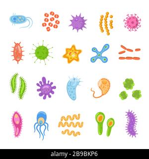 Bakterien und Viren sammeln sich in flacher Form, Mikroorganismen, die krankheitsverursachende Objekte verursachen. Verschiedene Arten, Bakterien, Viren, Coronavirus, Infusorium Stock Vektor