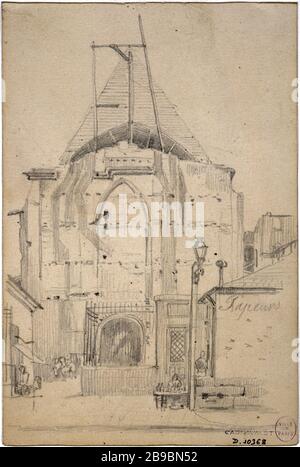 ALTES TOR DER KIRCHE DER ABTEI VON SAINT-MARTIN-DES-CHAMPS APR7S DER ABRISS DES GEBÄUDES, DAS VOM 19. SEPTEMBER BIS ZUM JAHR 1903 CHARLES FICHOT (1817-1903) UNTERSTÜTZT WURDE. "Ancien portail de l'église de l'abbaye de Saint-Martin-des-Champs après la démolition du bâtiment qui y était adossé, 19 septembre 185,00". Dessin. Paris, musée Carnavalet. Stockfoto