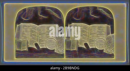 Stillleben mit bibel, Buch des gemeinsamen Betens und der Lupe, Stillleben verschiedener Objekte, Bibel, Lupe, anonym, c 185-c 1870, Fotopapier, Pappe, Albumindruck, h 84 mm × w 174 mm, von Gibon neu vorgestellt, Design von warmem, fröhlichem Leuchten von Helligkeit und Lichtstrahlen. Klassische Kunst mit moderner Note neu erfunden. Fotografie, inspiriert vom Futurismus, die dynamische Energie moderner Technologie, Bewegung, Geschwindigkeit und Kultur revolutionieren. Stockfoto