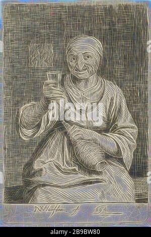 Alte Frau mit Glas und Kanne, eine alte Frau, die auf einer Bank in einem Innenraum sitzt, hält ein Glas hoch und in ihrer anderen Hand eine Kanne, alte Frau, trinkend, Nicolaes van Haeften (auf Objekt erwähnt), Paris, 1694, Papier, Radierung, h 108 mm × w 72 mm, von Gibon neu vorgestellt, Design mit warmem, fröhlichem Glanz von Helligkeit und Lichtstrahlen. Klassische Kunst mit moderner Note neu erfunden. Fotografie, inspiriert vom Futurismus, die dynamische Energie moderner Technologie, Bewegung, Geschwindigkeit und Kultur revolutionieren. Stockfoto