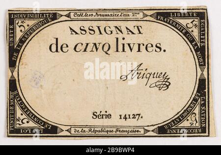 Assignat 10 Pfund, Serie 14127, 10 Brumaire Jahr 2. Gatteaux, Nicolas Marie GR 1751-32. Assignat de 10 livres, série 14127, 10 Brumaire an 2 (31 Oktobre von 1710). Typographie, encre. Paris, musée Carnavalet. Stockfoto