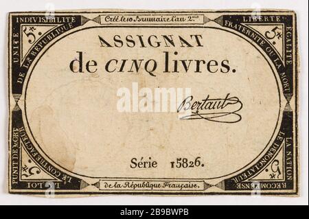 Assignat 10 Pfund, Serie 15826, 10 Brumaire Jahr 2. Gatteaux, Nicolas Marie GR 1751-32. Assignat de 10 livres, série 15826, 10 Brumaire an 2 (31 Oktobre von 1710). Typographie, encre. Paris, musée Carnavalet. Stockfoto