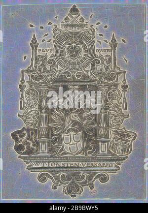 Blazoen von der Gilde St. Lucas in Antwerpen, Blazoen mit Waffen aus der Stadt Antwerpen und geflügeltem Ochsen in der Mitte., Wappen oder Gilde von St. Luke, Dirck Vellert (auf Objekt erwähnt), Nederlanden, 1526, Papier, h 190 mm × w 139 mm, neu von Gibon vorgestellt, Design mit warmem, fröhlichem Glanz von Helligkeit und Lichtstrahlen. Klassische Kunst mit moderner Note neu erfunden. Fotografie, inspiriert vom Futurismus, die dynamische Energie moderner Technologie, Bewegung, Geschwindigkeit und Kultur revolutionieren. Stockfoto