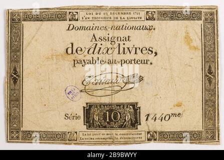 Assignat 10 Pfund, Serie 1440ME, 16. Dezember 1701. Gatteaux, Nicolas Marie GR 1751-32. Assignat de 10 livres, série 1440me, 16 décembre 1701. Typographie, encre. Paris, musée Carnavalet. Stockfoto