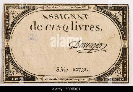 Assignat 10 Pfund, Serie 22732, 10 Brumaire Jahr 2. Gatteaux, Nicolas Marie GR 1751-32. Assignat de 10 livres, série 22732, 10 Brumaire an 2 (31 Oktobre von 1710). Typographie, encre. Paris, musée Carnavalet. Stockfoto