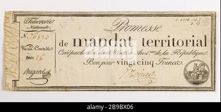 Promise Territorial 25 Francs Mandat, 26 Serien - Nr. 76893, 28 Ventose Jahr 4. Gatteaux, Nicolas Marie GR 1751-32. Promesse de mandat Territorial de 25 Francs, série 26 - Nr. 76893, 28 ventôse an 4 (18 mars 1796). Typographie, Encre brune. Paris, musée Carnavalet. Stockfoto