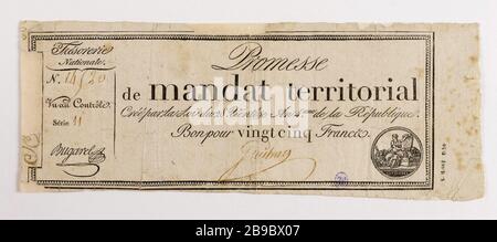 Promise Territorial 25 Francs Mandat, 11 Serien - Nr. 14520, 28 Ventose Jahr 4. Gatteaux, Nicolas Marie GR 1751-32. Promesse de mandat Territorial de 25 Francs, série 11 - Nr. 14520, 28 ventôse an 4 (18 mars 1796). Typographie, encre. Paris, musée Carnavalet. Stockfoto