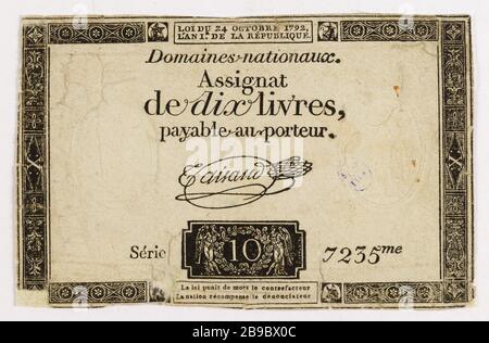 Assignat 10 Pfund, Serie 7235ME, 24. Oktober, 1792. Gatteaux, Nicolas Marie GR 1751-32. Assignat de 10 livres, série 7235me, 24 octobre 173. Typographie, encre. Paris, musée Carnavalet. Stockfoto