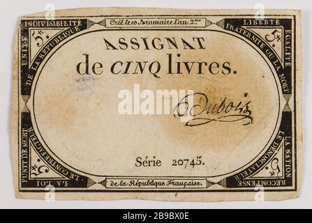 Assignat 10 Pfund, Serie 20745, 10 Brumaire Jahr 2. Gatteaux, Nicolas Marie GR 1751-32. Assignat de 10 livres, série 20745, 10 Brumaire an 2 (31 Oktobre von 1710). Typographie, encre. Paris, musée Carnavalet. Stockfoto