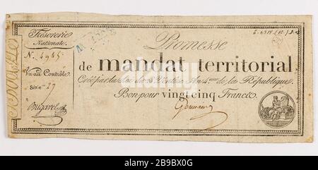 Promise Territorial 25 Francs Mandat, 27 Series - Nr. 4945, 28 Ventose Jahr 4. Gatteaux, Nicolas Marie GR 1751-32. Promesse de mandat Territorial de 25 Francs, série 27 - Nr. 4945, 28 ventôse an 4 (18 mars 1796). Typographie, encre. Paris, musée Carnavalet. Stockfoto