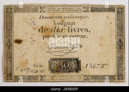 Assignat 10 Pfund, Serie 13672ME, 24. Oktober, 1792. Gatteaux, Nicolas Marie GR 1751-32. Assignat de 10 livres, série 13672me, 24 octobre 173. Typographie, encre. Paris, musée Carnavalet. Stockfoto