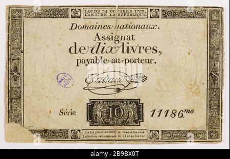 Assignat 10 Pfund, Serie 186 11me, 24. Oktober, 1792. Gatteaux, Nicolas Marie GR 1751-32. Assignat de 10 livres, série 11186 me, 24 octobre 173. Typographie, encre. Paris, musée Carnavalet. Stockfoto