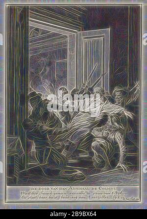 Ermordung des Hugenotten Gaspard de Coligny Tod des Admiral de Coligni. (Titel auf Objekt) eilen Soldaten in einen Raum. Einer von ihnen stapft mit abgewendetem Gesicht den Hugenotten-Admiral Gaspard de Coligny mit einem Schwert in seinem Körper. Am Rand der Titel und ein zweizeiliger Gedicht auf Niederländisch, gewalttätiger Tod durch Schwert, Gaspard de Coligny (II), Christiaan Josi (erwähnt am Objekt), Utrechter, 170er, Papier, Gravur, h 258 mm × w 206 mm, neu von Gibon vorgestellt, Gestaltung von warmem, fröhlichem Leuchten von Helligkeit und Lichtstrahlen. Klassische Kunst mit moderner Note neu erfunden. Von Futu inspirierte Fotografie Stockfoto
