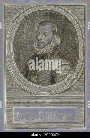 Porträt von Nicolaas Ruychaver, Büste links von Nicolaas Ruychaver in einem Oval. Das Porträt ruht auf einer Leiste, auf der in einem leeren Feld handschriftlich sein Name Nicolaas Ruychaver, Jacob Houbraken, Amsterdam, 1747 - 1759, Papier, Bleistift, Gravur, h 182 mm × w 121 mm, von Gibon neu vorstellbar, Design von warmem fröhlichem Leuchten von Helligkeit und Lichtstrahlen. Klassische Kunst mit moderner Note neu erfunden. Fotografie, inspiriert vom Futurismus, die dynamische Energie moderner Technologie, Bewegung, Geschwindigkeit und Kultur revolutionieren. Stockfoto