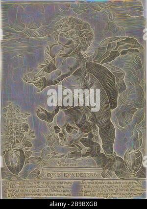 Allegorie der Vergänglichkeit SITZT EIN Putto auf einem Schädel und bläst Blasen. Auf der linken Seite eine Vase mit Blumen und auf der rechten Seite ein Raucherfass. Unter dem zeigen zwei vierzeilige Verse in lateinischer Sprache, (Kinder oder Putti) Blasen, "Homo Bulla", Szene, die "Vanitas" symbolisiert, anonym, Delft, 1645 - 1674, Papier, Gravur, h 210 mm × w 154 mm, neu von Gibon vorgestellt, Design von warmem fröhlichem Leuchten von Helligkeit und Lichtstrahlen. Klassische Kunst mit moderner Note neu erfunden. Fotografie, inspiriert vom Futurismus, die dynamische Energie moderner Technologie, Bewegung, Geschwindigkeit und Kultur revolutionieren. Stockfoto