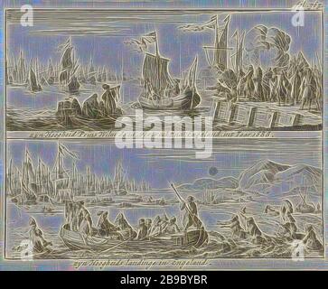 Abfahrt zu und Ankunft von Prinz William III. In England, 1688 seine Hoheit Prinz Wilm der III, nach England, int., Blatt mit zwei Darstellungen. November 1688 über dem Abzug von Prinz William III. Nach England von Hellevoetsluis. November 1688 unter der Ankunft an der englischen Küste. Markiert oben rechts: fol. 763, Abfahrt, Reisen, Ankunft und Rückkehr, Willem III (Prinz von Orange und König von England, Schottland und Irland), Jan Luyken, 1689, Papier, Radierung, h 113 mm × w 136 mm, von Gibon neu vorgestellt, Design von warmem, fröhlichem Leuchten von Helligkeit und Lichtstrahlen. Klasse Stockfoto