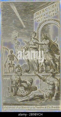 Überfluss und eine Titelseite des Jägers für: Le Mercure Hollandois, dl IX, ca. Im Hintergrund Tod in Form eines Skeletts. Mars und Merkur sind im Vordergrund, Überfluss, "Abondanza", "Abondanza maritima" (Ripa), Jäger, Tod als Skelett, (Geschichte von) Mars (Ares), (Geschichte von) Merkur (Hermes), Jan Luyken, Amsterdam, 1680 und/oder 1682, Papier, Radierung, h 115 mm × w 62 mm, neu von Gibon vorgestellt, Design mit warmem, fröhlichem Glanz von Helligkeit und Lichtstrahlen. Klassische Kunst mit moderner Note neu erfunden. Die vom Futurismus inspirierte Fotografie, die dynamische Energie moderner Technologie umfasst, bewegt sich Stockfoto