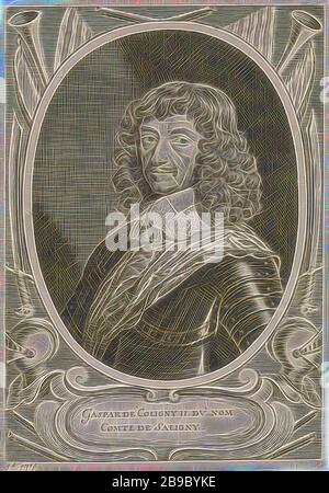 Porträt von Gaspard III de Coligny Gaspar de Coligny II DV Nom Comte de Saligny (Titel auf Objekt), Porträt in einer ovalen Liste von Gaspard de Coligny III, protestantischer General von Frankreich. Büste nach links. Er trägt eine Rüstung. Alle Arten von Waffen um das Porträt herum., Gaspard de Coligny (III), Guilliam de Gheyn (erwähnt am Objekt), Paris, 1620 - 1650, Papier, Gravur, w 182 mm × h 260 mm, von Gibon neu vorstellbar, Design von warmem, fröhlichem Leuchten von Helligkeit und Lichtstrahlen. Klassische Kunst mit moderner Note neu erfunden. Fotografie, inspiriert vom Futurismus, mit dynamischer Energie moderner Technik Stockfoto