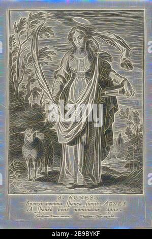 H. Agnes Speculum illustrum Virginum (Serientitel), die heilige Agnes, die in einer Landschaft neben ihr das Lamm steht. Agnes hält einen Palmzweig und ein Buch in den Händen. Unter dem einen lateinischen Vers über Agnes zeigen. Wahrscheinlich Teil einer Reihe weiblicher Heiliger, die von Theotor Galle, der jungfräulichen Märtyrerin Agnes von Rom, veröffentlicht wurden, mögliche Attribute: Lamb, Ring, Cornelis Galle (I) (auf Objekt erwähnt), 1596 - 1633, Papier, Gravur, h 150 mm × w 98 mm, von Gibon neu vorgestellt, Design von warmfröhlichem Leuchten von Helligkeit und Lichtstrahlen. Klassische Kunst mit moderner Note neu erfunden. Fotografie inspiriert von F. Stockfoto