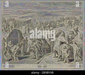 Über den Jordan, vorne links, sind Priester, die die Bundeslade tragen. In der Mitte heben jeweils zwölf Männer einen Stein vom Boden des Jordan. Dahinter überqueren die Israeliten den Jordan. Hinter ihnen bildet das Wasser des Jordaan einen Staudamm. Unter einem Hinweis auf Joz. 3: 14-17 und der Titel des Drucks auf Hebräisch, Englisch, Deutsch, Latein, Französisch und Niederländisch, zwölf Männer nehmen zwölf Steine aus der Mitte des Flusses, die Kreuzung des Jordan durch die Israeliten, Cornelis Huyberts (auf dem Objekt erwähnt), Amsterdam, 1720 - 1728, Papier, Gravur, h 358 mm × w 432 mm, neu von Gib Stockfoto