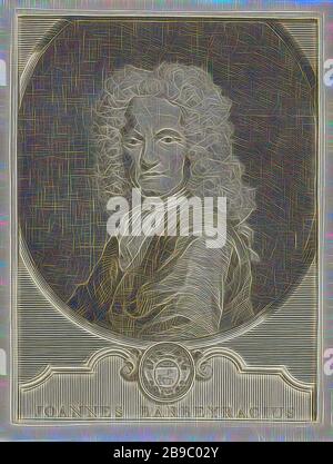 Porträt von Jean Barbeyrac Joannes Barbeyrazius (Titel auf Objekt), Büste links von Jean Barbeyrac in einem Oval. Unter dem Porträt befinden sich seine Waffe und sein Name, Jean Barbeyrac, Jacob Houbraken (auf Objekt erwähnt), Amsterdam, 1717 - 1744, Papier, Gravur, h 199 mm × w 150 mm, von Gibon neu vorgestellt, Entwurf eines warmfröhlichen Lichts von Helligkeit und Lichtstrahlen. Klassische Kunst mit moderner Note neu erfunden. Fotografie, inspiriert vom Futurismus, die dynamische Energie moderner Technologie, Bewegung, Geschwindigkeit und Kultur revolutionieren. Stockfoto