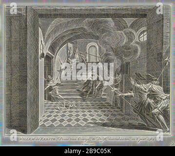 Mord an dem Prinz von Orange, 1584 Wilhelm der erste, Prinz von Orange, in Delft, im Jahre 1584 (Titel auf Objekt), der Fürst von Orange in Delft von Balthasar Gerards ermordet, 10. Juli 1584. Willem van Oranje wurde auf die Treppe geschossen und stürzte ein, der Mörder floh auf der linken Seite. Gleich im Vordergrund zwei stürmende Wachen, Versuch, politischer Mord, gewaltsamer Tod, Elemente, Prinsenhof (Delft), Willem I (Fürst von Orange), Balthasar Gerards, Simon Fokke (auf Objekt erwähnt), Amsterdam, 1752, Papier, Gravur, h 170 mm × w 203 mm, neu von Gibon, Gestaltung von warmem fröhlichem Glos Stockfoto