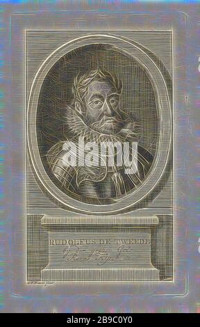 Porträt von Rudolf II. Von Habsburg, Deutscher Kaiser, Büste im Oval von Rudolf II. Von Habsburg, in Rüstung, auf der das Symbol des Orden vom Goldenen Vlies hängt. Unterhalb des Ovals werden sein Name und sein Titel auf einem Sockel erwähnt, Ritterorden vom Goldenen Vlies, Rudolf II. Von Habsburg (deutscher Kaiser), Christian Friedrich Fritzsch (auf Objekt erwähnt), 1753 - 174 und/oder 176, Papier, Radierung, h 178 mm × w 111 mm, von Gibon neu erdacht, Design mit warmem, fröhlichem Glanz von Helligkeit und Lichtstrahlen. Klassische Kunst mit moderner Note neu erfunden. Von futuris inspirierte Fotografie Stockfoto
