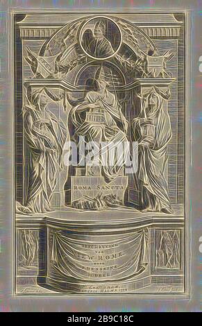 Titelseite für Neuen Rom, durch F. Desseine, Amsterdam, 1704 Beschreibung des Neuen Rom (Titel auf Objekt), die weiblichen Personifikation der Stadt Rom befindet sich auf einer Höhe mit seinen Attributen. Neben ihr ist die weibliche Verkörperung der Religion und ein weiteres mit einem Hund zu ihren Füßen. Über ihrem Haupt ein Medaillon mit dem Portrait von Papst Clemens XI. und unter Ihrem Fuß ein Porträt von Peter und Royal Attribute. Im Untergeschoss zwei allegorische Darstellungen und ein Banner mit den Buchtitel, den Städten allegorisch oder symbolisch dargestellt: Rom, Rom, Clemens XI, Hendrik Elandt (auf Objekt erwähnt), 1704 Stockfoto